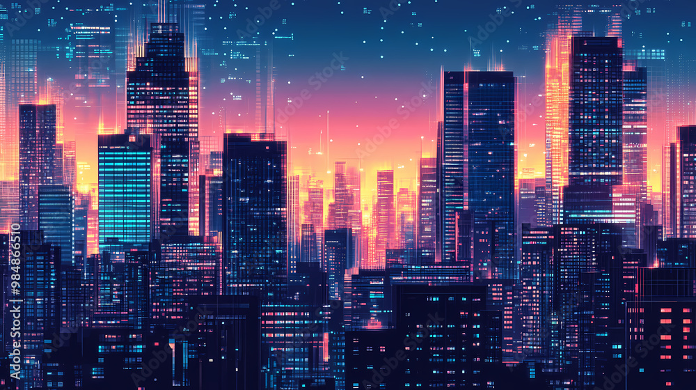 Panorama city building background with windows pixel shape. City Skyline. Illustration Panorama city building background with windows pixel shape. City Skyline. Illustration