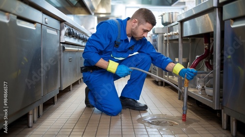Plumber Unclogging Drain in Busy Restaurant Kitchen