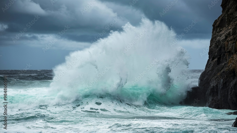 Fototapeta premium Powerful Waves Crashing Against Rugged Cliff Creating Dramatic Spray