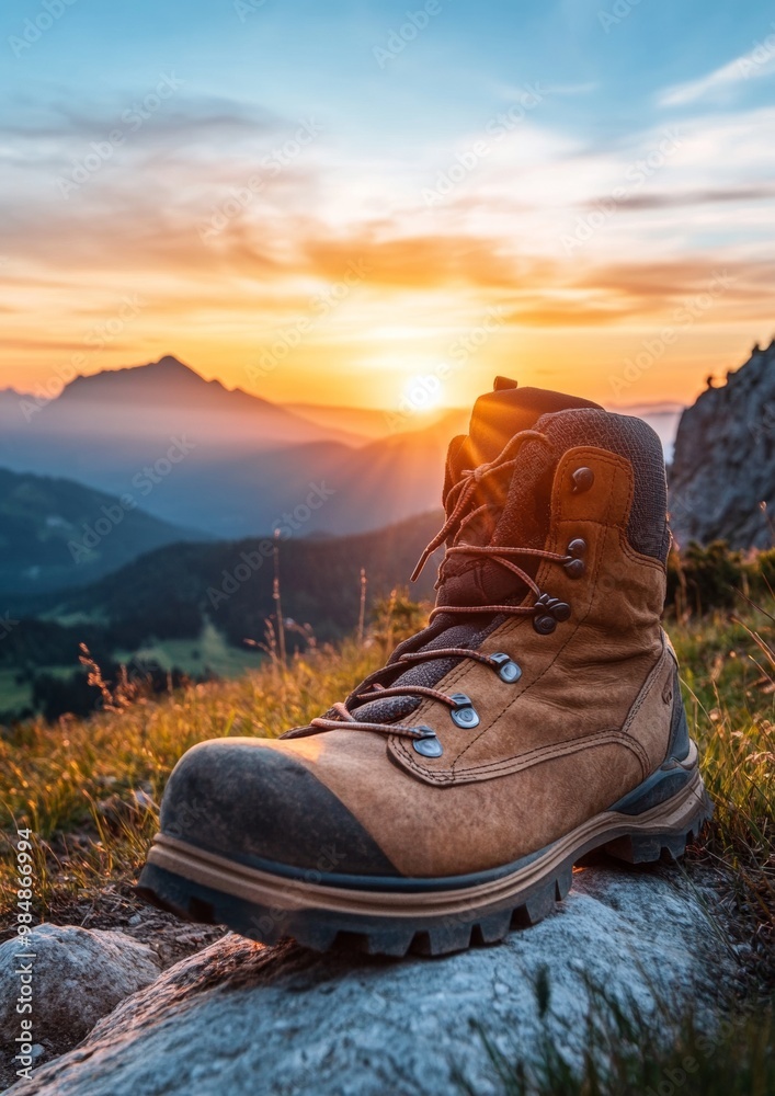 A brown boot is sitting on a rock in front of a mountain A brown boot is sitting on a rock in front of a mountain