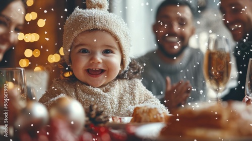 Happy little baby girl and diverse family in a christmas dinner in a modern home