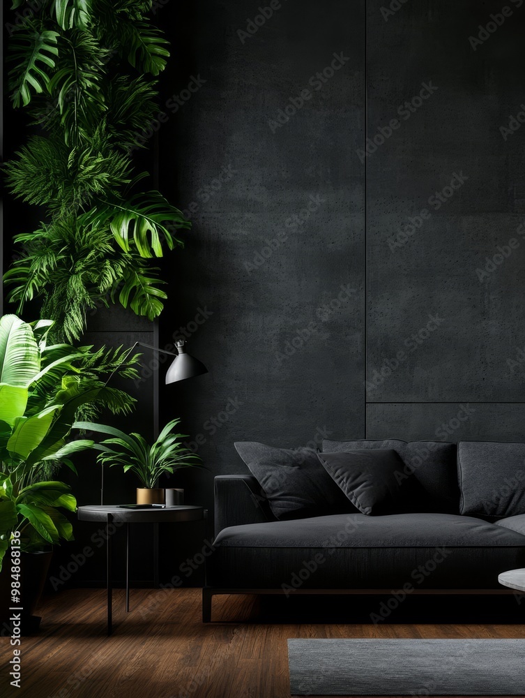 A sleek and stylish modern living room with a dark concrete wall, plush black sofa, and lush green plants, creating a sophisticated and inviting atmosphere. A sleek and stylish modern living room with a dark concrete wall, plush black sofa, and lush green plants, creating a sophisticated and inviting atmosphere.