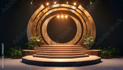 Dynamic concert stage setup with illuminated podium and sound equipment for musical performances in a vibrant event space photo