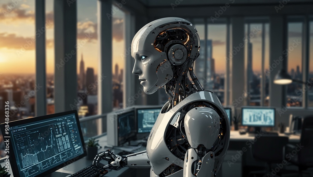 Robots in advanced offices work on graphics, overseeing futuristic cities. Robots in advanced offices work on graphics, overseeing futuristic cities.