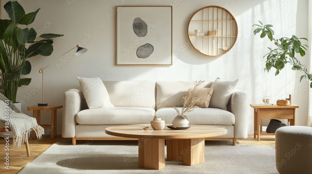A Scandinavian-inspired living room with a light gray sofa, soft textiles, and minimalist wooden furniture, creating a calm and serene environment filled with natural elements. A Scandinavian-inspired living room with a light gray sofa, soft textiles, and minimalist wooden furniture, creating a calm and serene environment filled with natural elements.