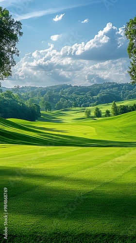 A stunning view of a golf course at sunset, with rolling hills, a lush green fairway, and dramatic skies above.