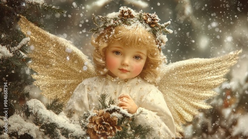 Little Angel. Vintage Christmas postcard. Generative AI transparent background