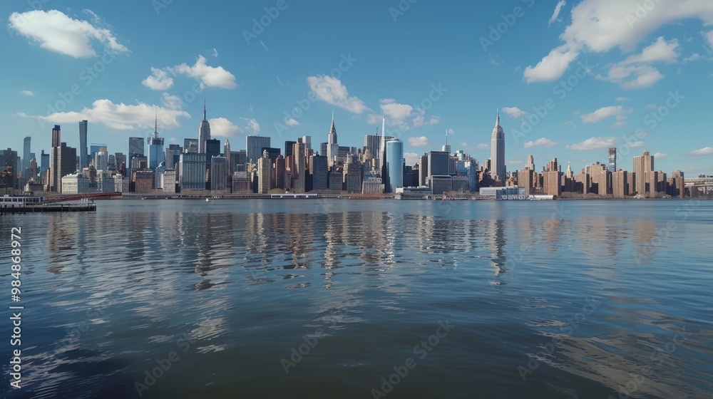 New York City skyline reflecting on the Hudson River during the day. Urban landscape and travel concept. New York City skyline reflecting on the Hudson River during the day. Urban landscape and travel concept.
