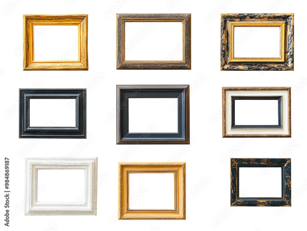 Collection of decorative picture frames various designs and colors Collection of decorative picture frames various designs and colors