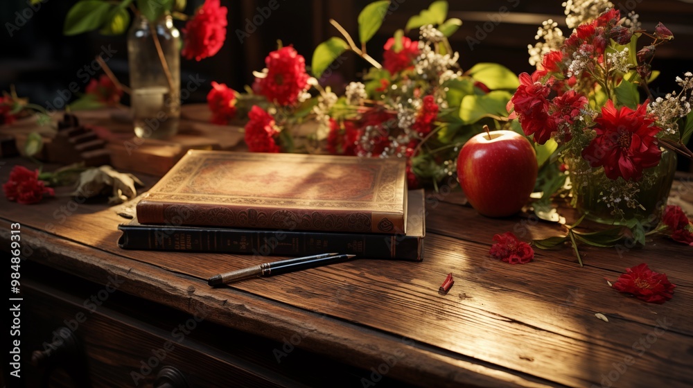 Fototapeta premium School education with apples and wooden table top.