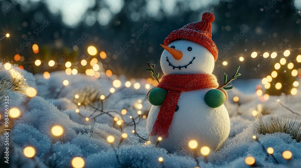 A snowman with a bright red scarf and green mittens, standing in a snowy field surrounded by twinkling Christmas lights. A snowman with a bright red scarf and green mittens, standing in a snowy field surrounded by twinkling Christmas lights.