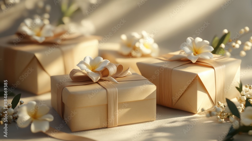 Natural beige gift boxes wrapped in brown paper and ribbons with flowers and natural sunlight transparent background Natural beige gift boxes wrapped in brown paper and ribbons with flowers and natural sunlight transparent background