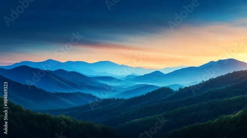 A serene panorama of misty mountains at dawn, showcasing a gradient sky with soft pastel hues. The layered hills evoke a sense of tranquility, peace, and the beauty of nature's artistry.