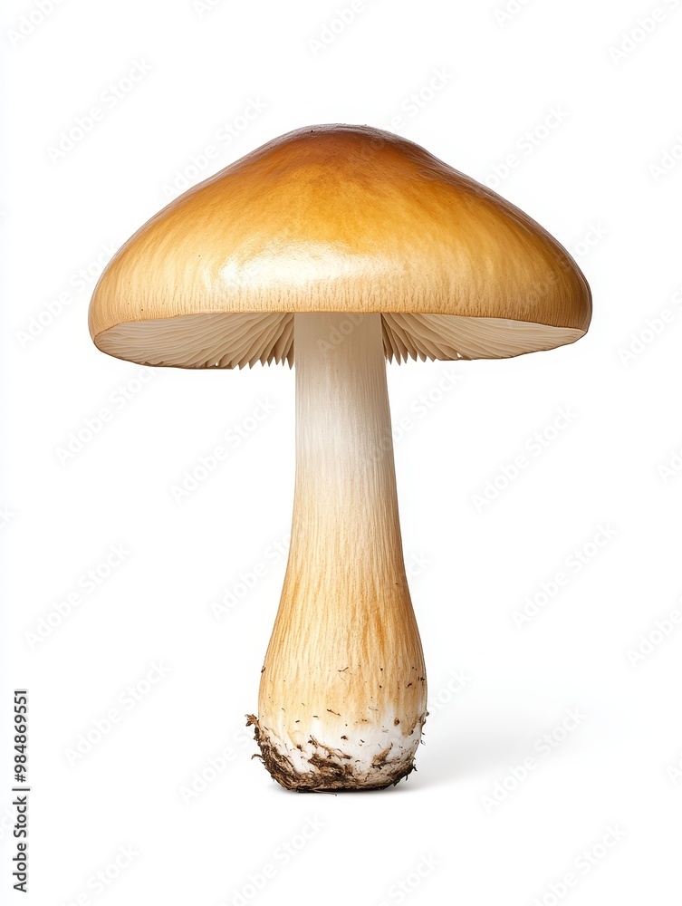 A single brown cap mushroom with a white stem, isolated on a white background. The mushroom is a symbol of nature, growth, and life. A single brown cap mushroom with a white stem, isolated on a white background. The mushroom is a symbol of nature, growth, and life.
