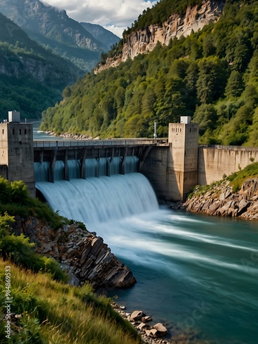 Scenic hydroelectric power station in nature, highlighting sustainable energy.