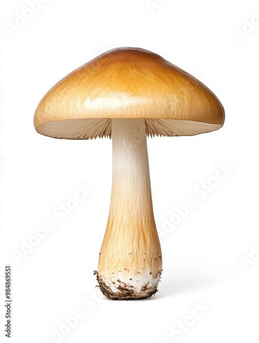 A single brown cap mushroom with a white stem, isolated on a white background. The mushroom is a symbol of nature, growth, and life.