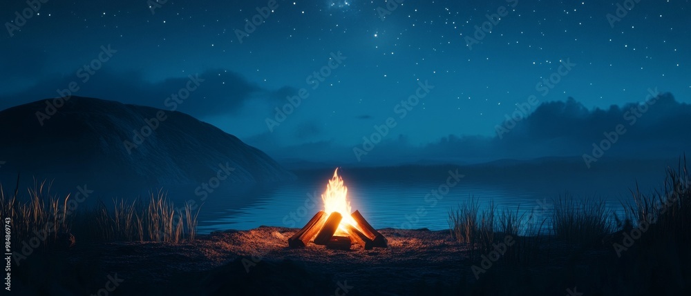 A fire is lit in front of a lake at night A fire is lit in front of a lake at night