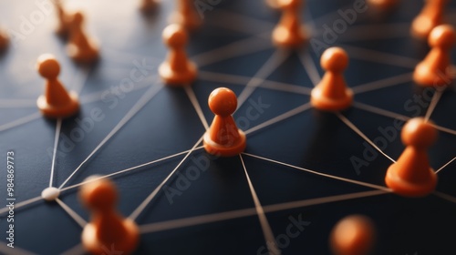 A network of orange figures connected by white strings symbolizing connections, relationships, collaboration, and community.