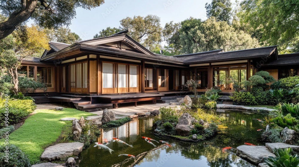 A serene Japanese-style house with traditional wooden architecture, sliding shoji doors, and a beautifully manicured garden with a koi pond. A serene Japanese-style house with traditional wooden architecture, sliding shoji doors, and a beautifully manicured garden with a koi pond.
