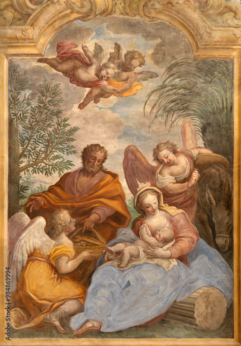 Fotografie ASTI, ITALY - SEPTEMBER 10, 2024: The fresco of  Riepose on the Flight to Egypt in the church Chiesa di San Martino by Giovanni Battista Pozzo (1662 - 1730)