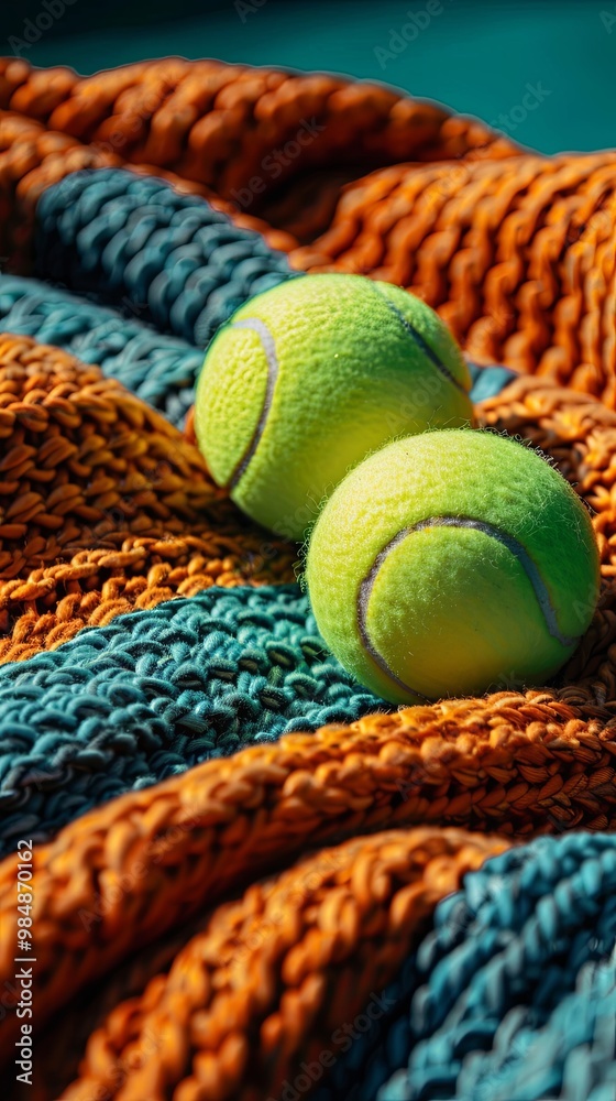 Two Tennis Balls Resting on Colorful Fabric Two Tennis Balls Resting on Colorful Fabric