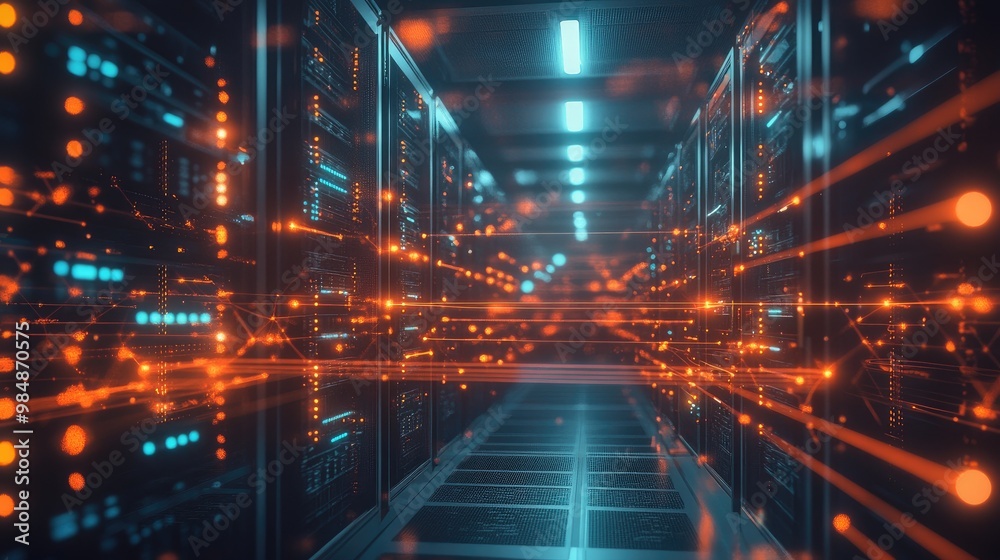 A server room filled with racks of servers, with glowing lines connecting them, symbolizing the backbone of a digital network that powers data transfer and communication. A server room filled with racks of servers, with glowing lines connecting them, symbolizing the backbone of a digital network that powers data transfer and communication.