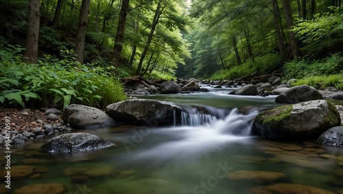 Serene forest stream flowing over rocks surrounded by lush trees.