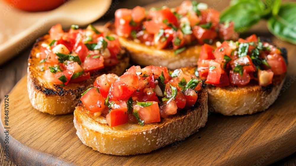 A serving of Italian bruschetta with toasted bread slices topped with a mixture of tomatoes, garlic, basil, and olive oil, perfect as an appetizer.