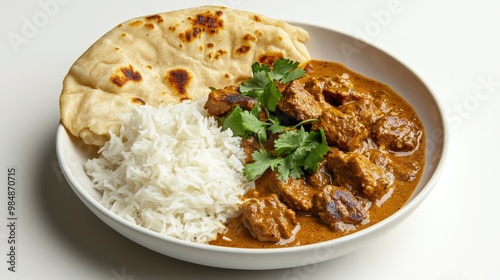 A serving of Guruma curry with a creamy sauce and chunks of meat, elegantly plated with a side of rice and naan bread, set against a clean white background for contrast.