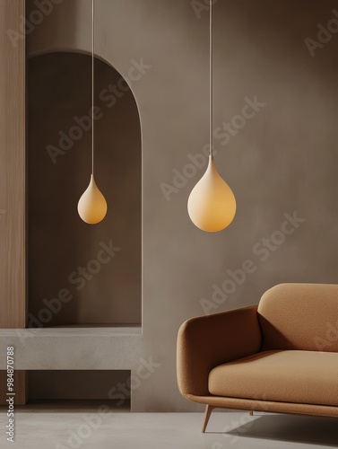 A pair of elegant teardrop pendant lights illuminate a modern living room, creating a cozy and inviting atmosphere. The lights symbolize style, warmth, sophistication, and modern design, perfect for c photo