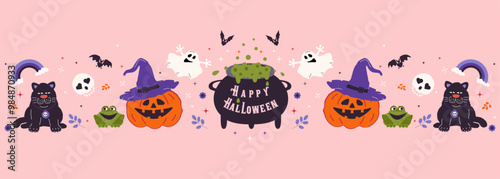Happy Halloween horizontal banner with hat, ghost,pumpkin, bat, witch's cauldron, skull, black cat.