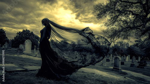 A ghostly woman standing in a graveyard, her veil blowing in the wind as she stares into the distance. photo