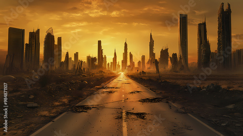 Postapocalyptic dubai abandoned highway leading to ruined city skyline alien invasion survivor concept. City Skyline. Illustration