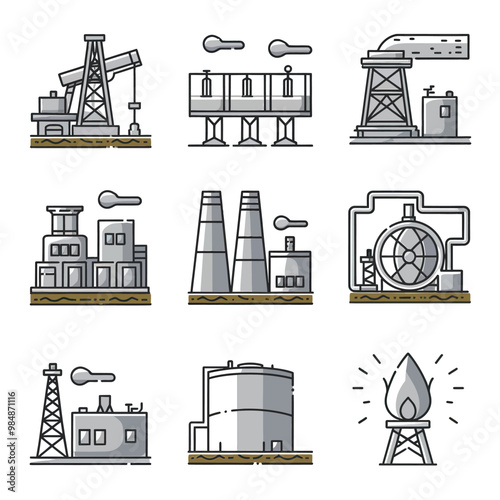 illustrations vector icon for oil and gas industry refinery process and building 
