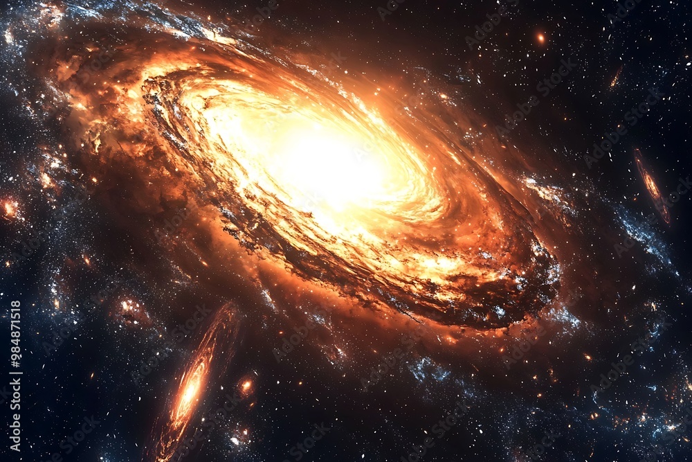 Spiral Galaxy with Orange and Yellow Glowing Core in Dark Space Spiral Galaxy with Orange and Yellow Glowing Core in Dark Space