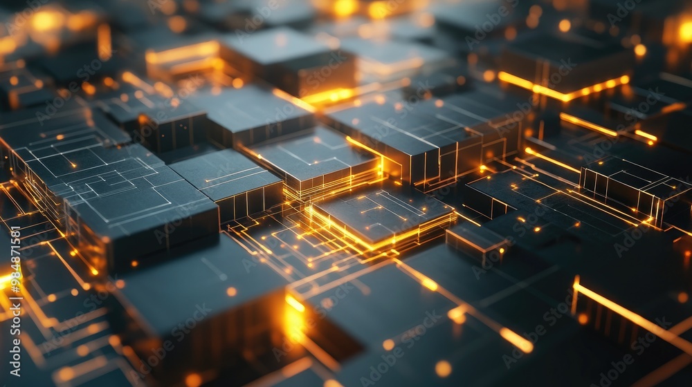 Abstract 3D rendering of glowing lines and black cubes, representing data and technology. Abstract 3D rendering of glowing lines and black cubes, representing data and technology.