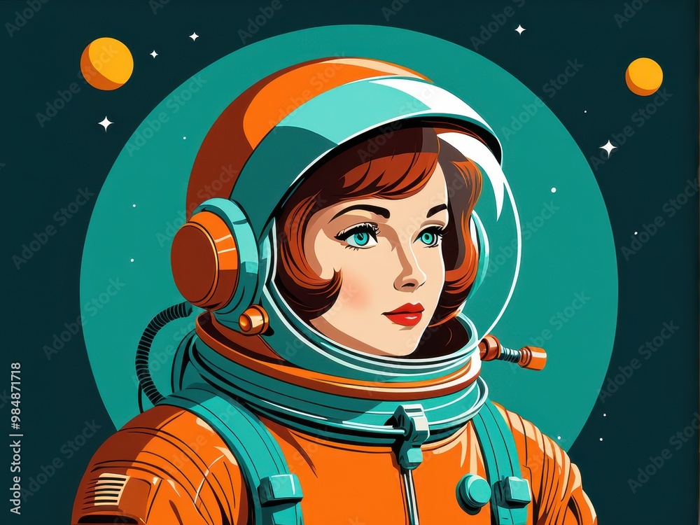 A retro-style illustration of a female astronaut in a space helmet, set against a cosmic background. A retro-style illustration of a female astronaut in a space helmet, set against a cosmic background.