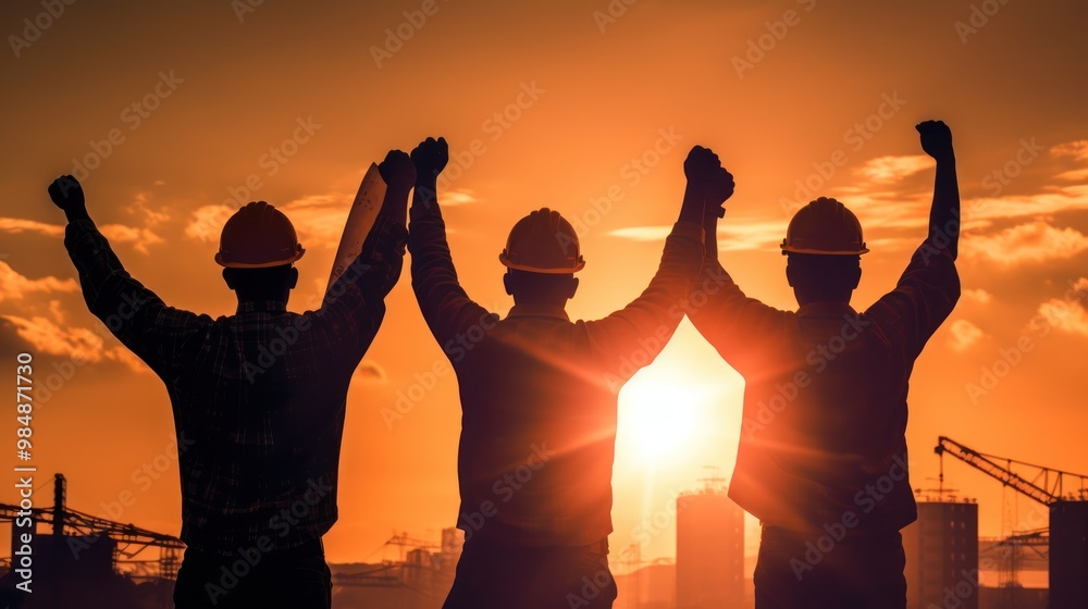 Fototapeta premium Construction Workers Celebrating Success at Sunset