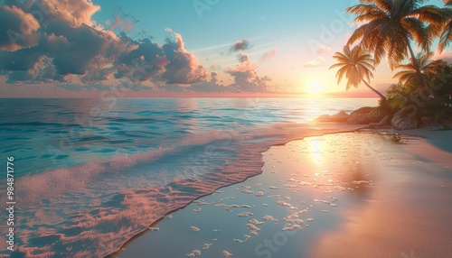 Tropical beach sunset with palm trees and calm ocean