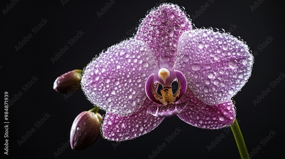 A single dew-covered orchid in full bloom, with the droplets creating a sparkling effect on its intricate petals. A single dew-covered orchid in full bloom, with the droplets creating a sparkling effect on its intricate petals.