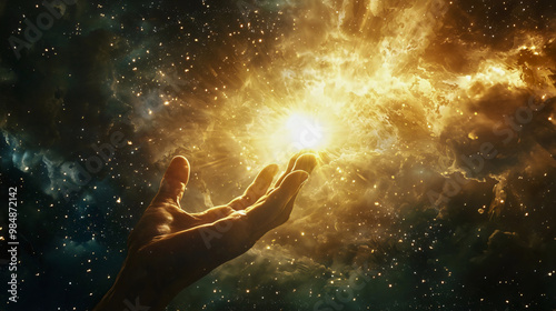 God's hand that creates the world from His powerful light, a world that was formed in seven days by divine power.