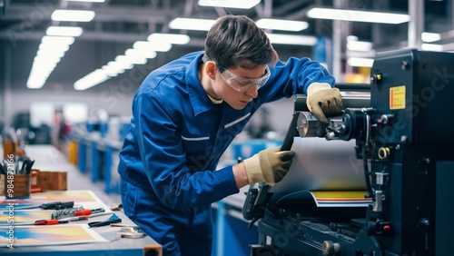 Printer Technician Repairing a Printing Press in Production Facility