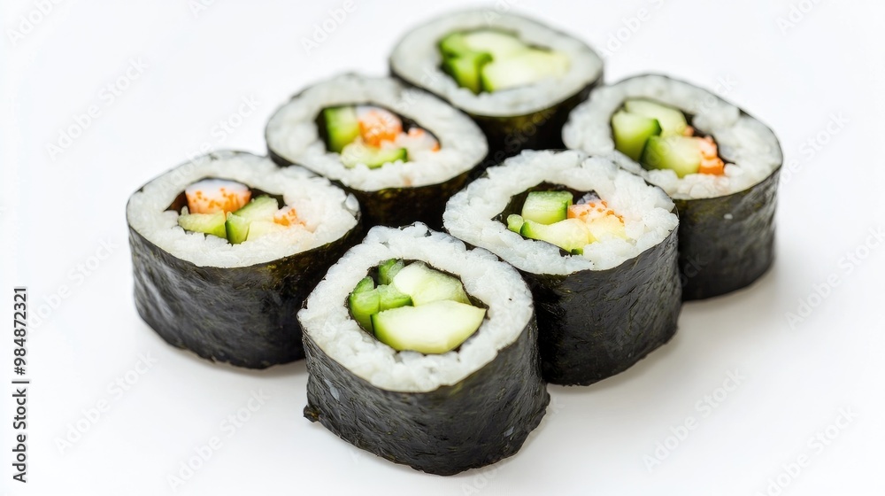 A single sushi roll, sliced into even pieces, with fillings of avocado, crab, and cucumber, placed neatly on a white background, highlighting the simplicity of the dish. A single sushi roll, sliced into even pieces, with fillings of avocado, crab, and cucumber, placed neatly on a white background, highlighting the simplicity of the dish.