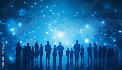 Global Connections, diverse group of professionals connected by beams of light on a world map.