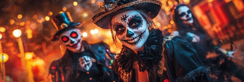 Vibrant Day of the Dead celebration with colorful sugar skull makeup and traditional costumes illuminated by warm glowing lights, capturing festive spirit. Vibrant Day of the Dead celebration with colorful sugar skull makeup and traditional costumes illuminated by warm glowing lights, capturing festive spirit.