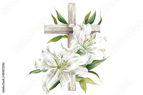 White lilies on cross for Easter decoration.