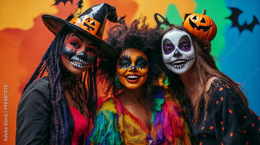 Vibrant Halloween portrait of three women in creative costumes: witch, colorful character, and skeleton, against a festive backdrop with pumpkins and bats. Vibrant Halloween portrait of three women in creative costumes: witch, colorful character, and skeleton, against a festive backdrop with pumpkins and bats.