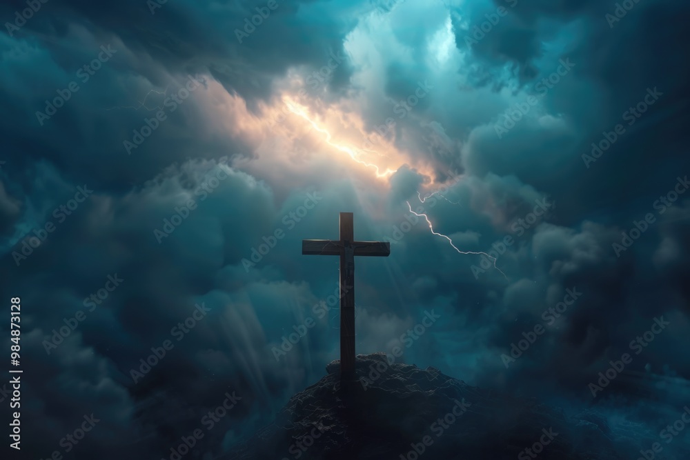 Religious cross in dramatic sky with divine light. Religious cross in dramatic sky with divine light.