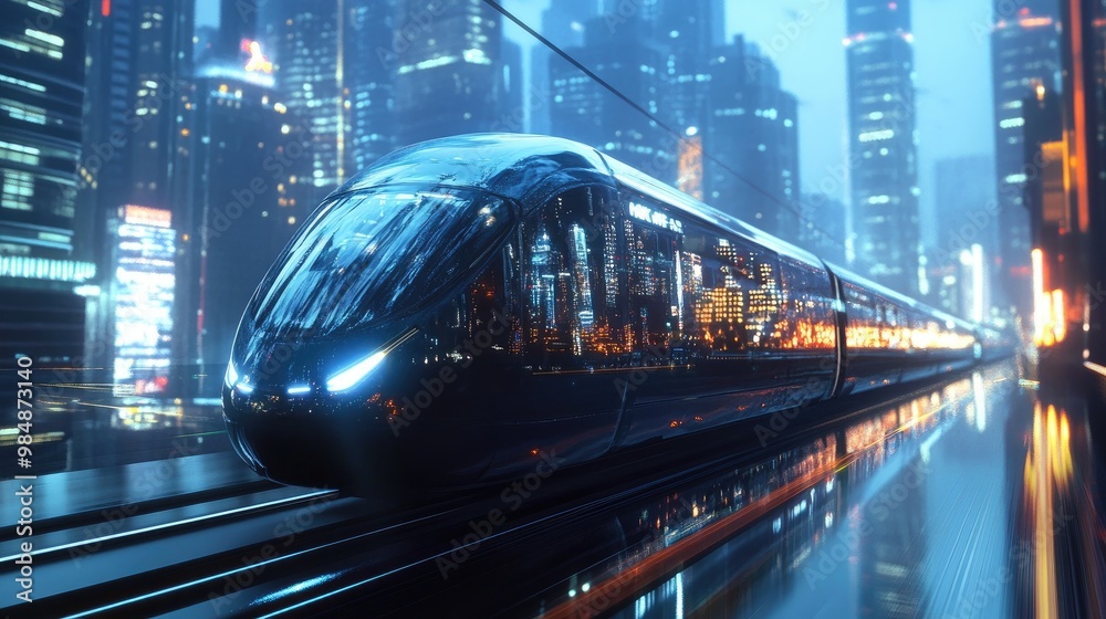 A sleek electric train traveling through an urban area, with the reflection of tall buildings and city lights visible on the train's glossy surface A sleek electric train traveling through an urban area, with the reflection of tall buildings and city lights visible on the train's glossy surface