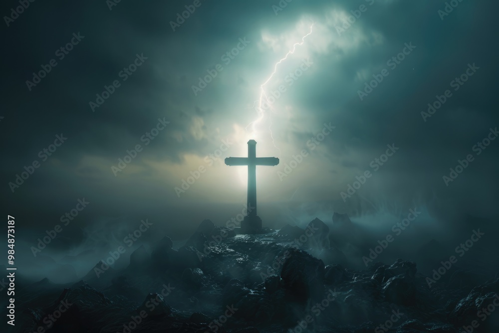 Religious cross in dramatic sky with divine light. Religious cross in dramatic sky with divine light.